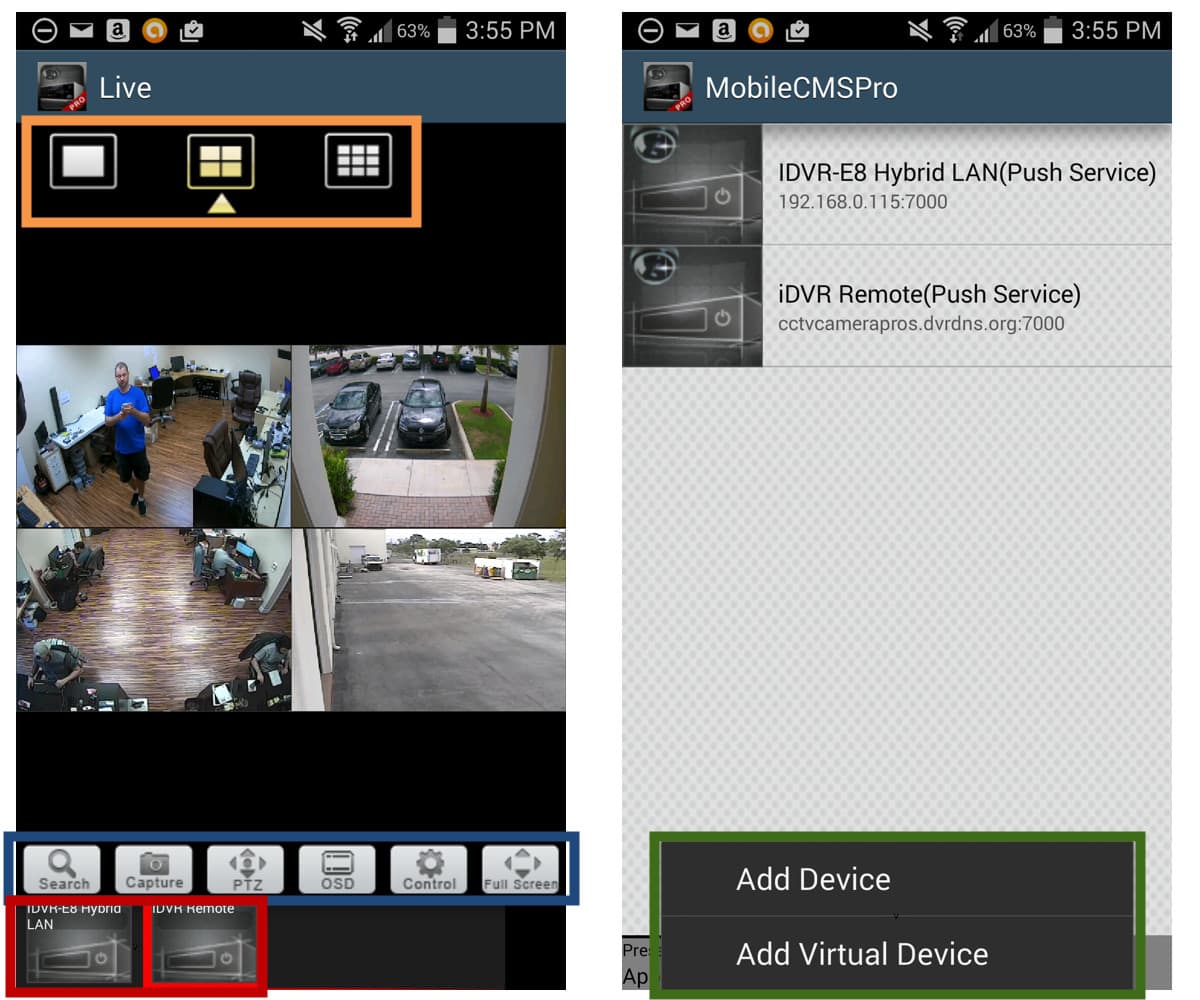 Android Security Camera App Controls