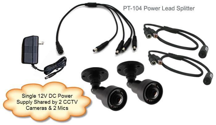 1 to 4 Power Cable Lead Splitter for Surveillance Cameras & Audio Mics
