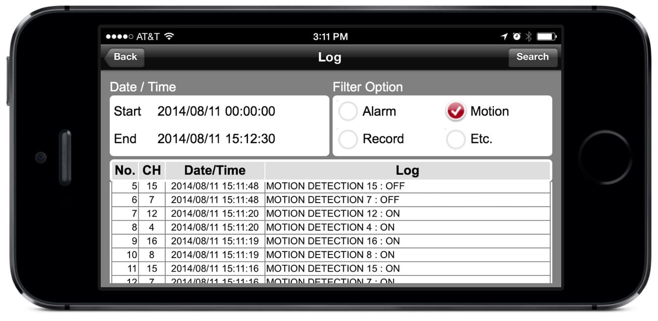 CCTV DVR iOS App Alarm and Event Search