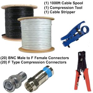 BNC F Compression Connectors RG59 1000ft Cable Spool Kit